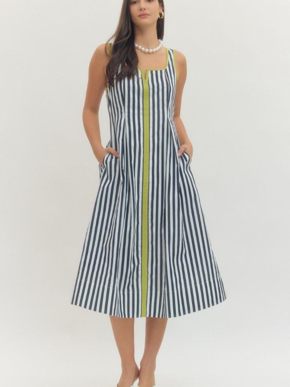 entro Navy and White Striped Midi Dress with Lime Trim